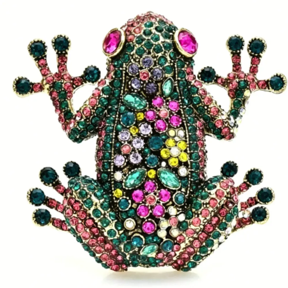 Vintage Multicolor Crystal Frog Brooch Antique Bronze Mixed Rhinestone Animal Lapel Pin Suit Coat Retro Jewelry Gift