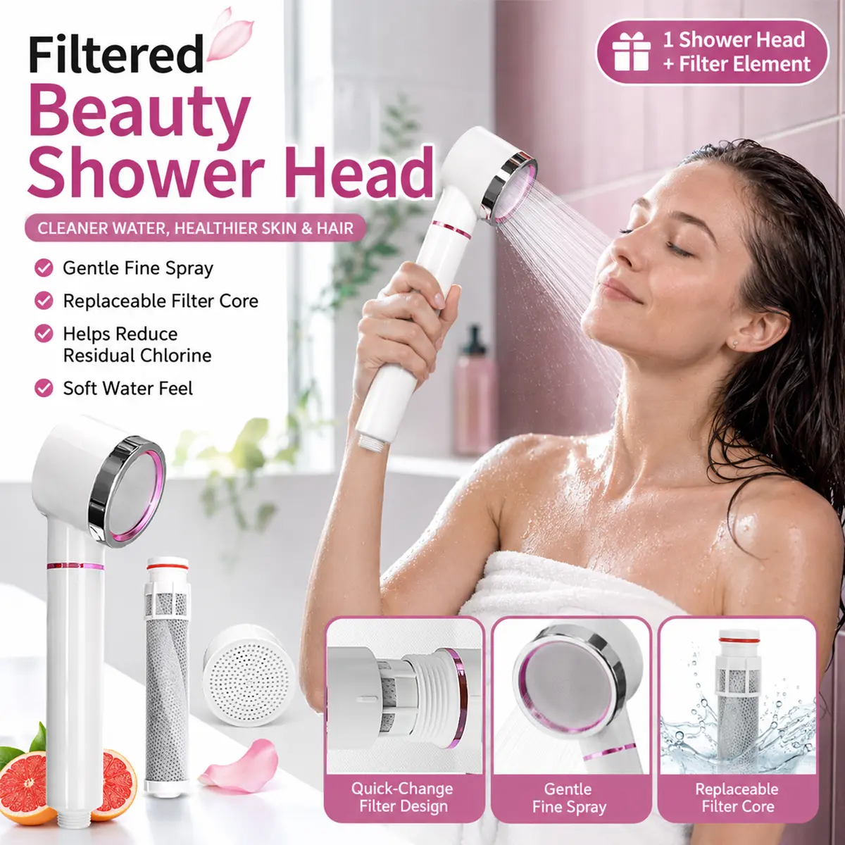 Filtered Shower Head with Replaceable Filter Cartridge, Handheld High Pressure Water Saving Showerhead, Chlorine Reducing Hard Water Filter for Sensitive Skin and Dry Hair, Shower Nozzle for Women Men Kids Family Home Bathroom Travel RV