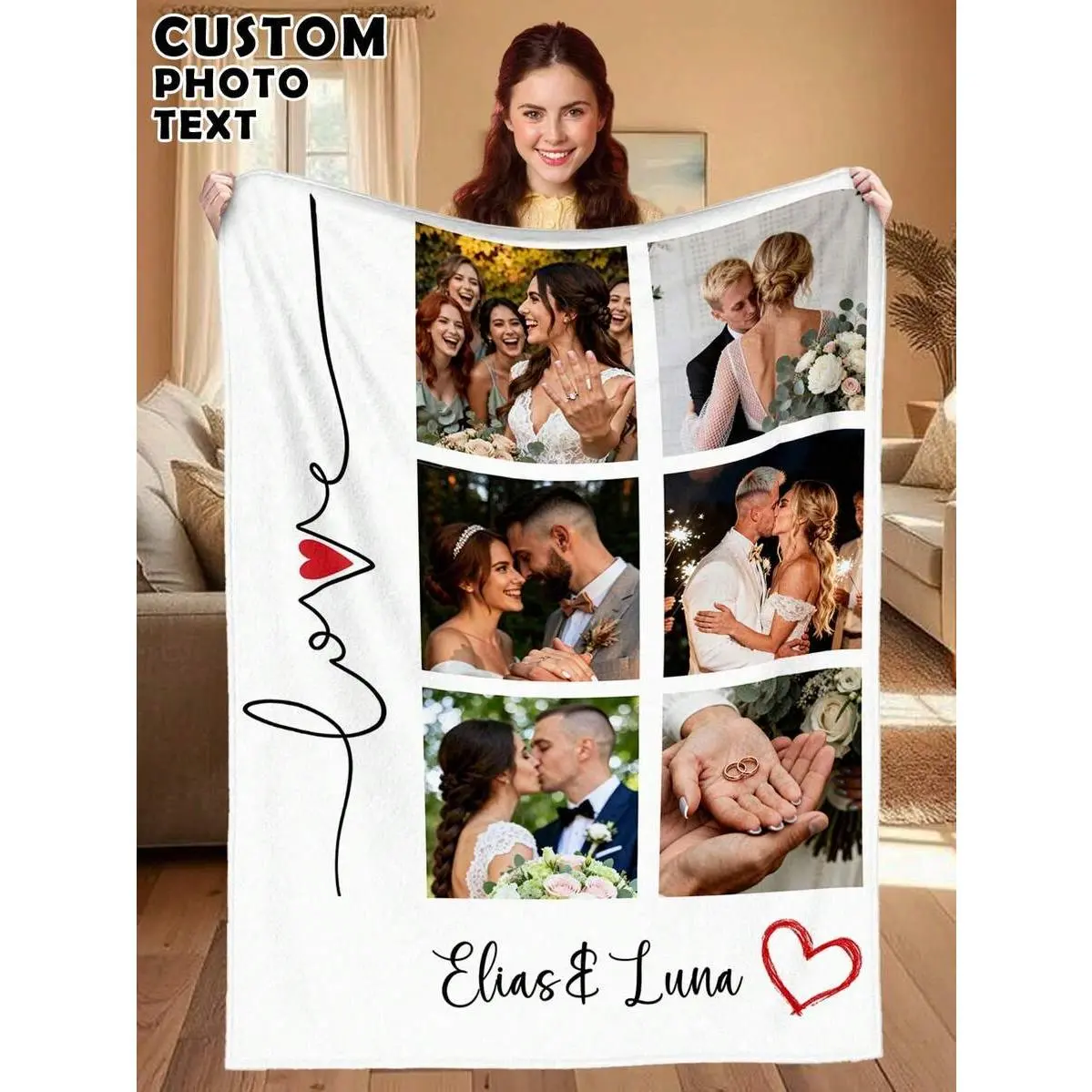 Personalized Wedding Photo Flannel Throw Blanket, Custom 6 Picture Bride Groom Love Soft Cover, Cozy Warm Romantic Gift for Her Him Couple, Anniversary Memory Home Decor for Couch Sofa Bed, Summer AC Nap Blanket, Newlywed Gift for Husband Wife