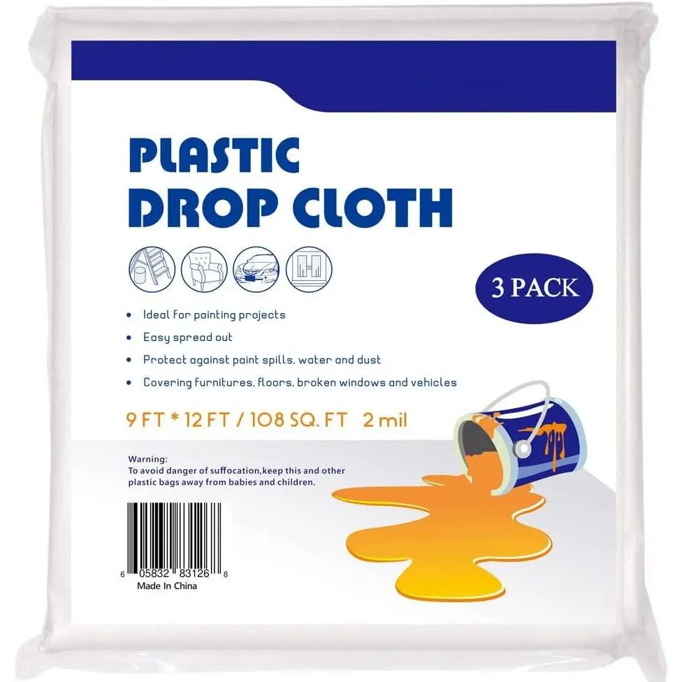 3-Pack Polyethylene Plastic Drop Cloth 9ft x 12ft 2 Mil Heavy-Duty Painters Plastic Sheet, Waterproof Easy-to-Clean Tarp for Painting Renovations - Indoor & Outdoor Use Floor Covering, Window Covers
