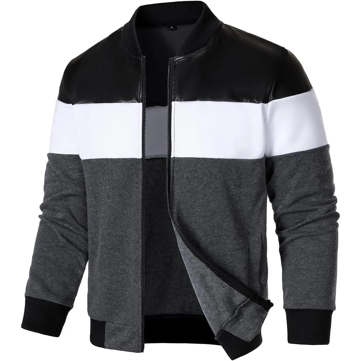 Mens Lightweight Bomber Jacket Casual Zipper Coat Color Block with Faux Leather Varsity Jacket