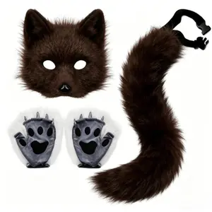 Furry Cat Ears Mask Tail & Paws Set, Black Faux Fur Animal Cosplay Costume Accessories for Halloween Party Comic Con