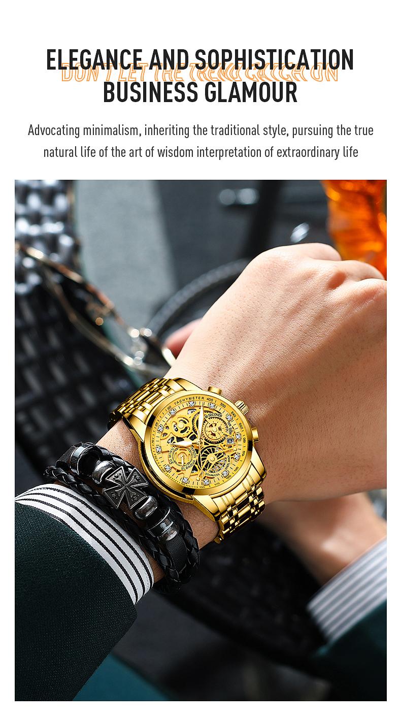 Men's Luxury Gold Skeleton Quartz Watch - Fully Iced Out Diamond Encrusted Wristwatch with Chronograph Tachymeter, Date Display, Stainless Steel Band, Perfect Gift for Him
