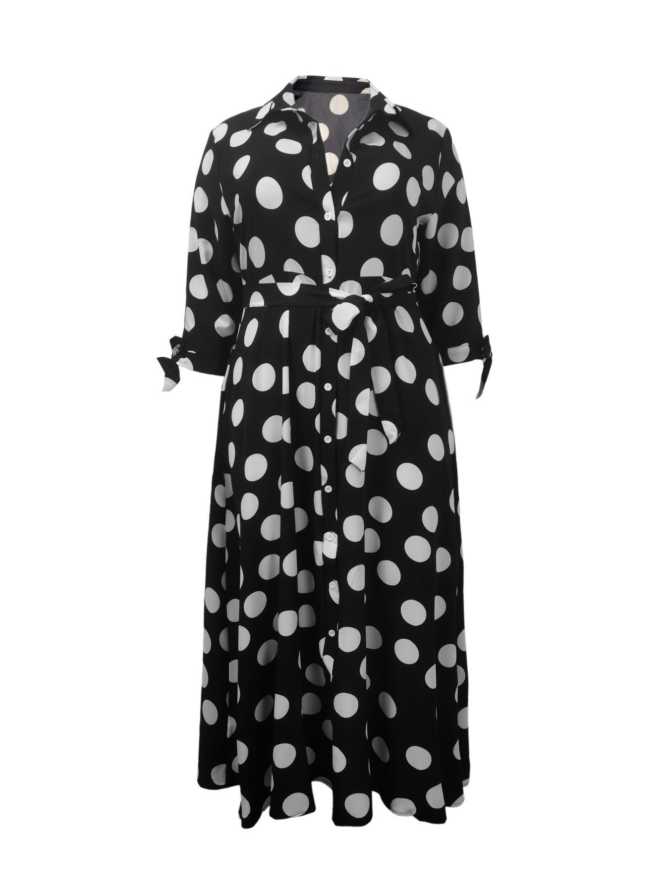 Plus Size Polka Dot Print Belted Button Front Shirt Dress, Elegant 3/4 Sleeve Tie Front High Waist Long Dress for Vacation Holiday Party, Women's Clothes for Summer