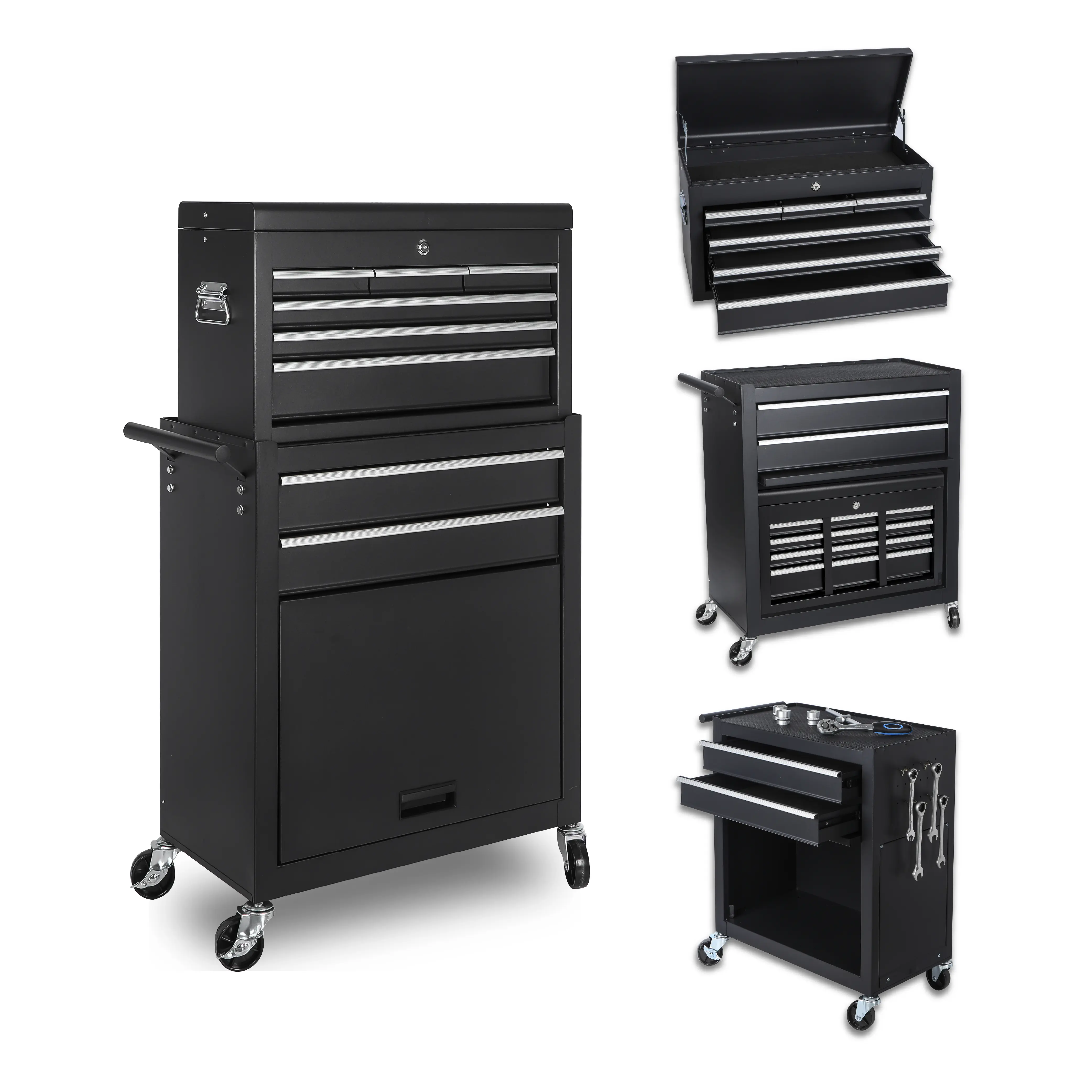 ARCH 8-Drawer Rolling Tool Chest Cabinet, Detachable Top Tool Box, Lockable Wheels, Side Hooks, Steel Construction, Black, Garage Workshop Storage Organizer, 13"W x 24.4"D x 42.5"H, Heavy Duty Metal Tool Cart with Liner, Black Color Options