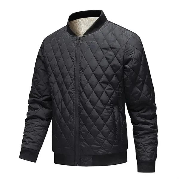 Men's Black Quilted Diamond Pattern Bomber Jacket - Stylish Long Sleeve, Ribbed Cuffs and Hem, Warm Casual Autumn Winter Streetwear Coat