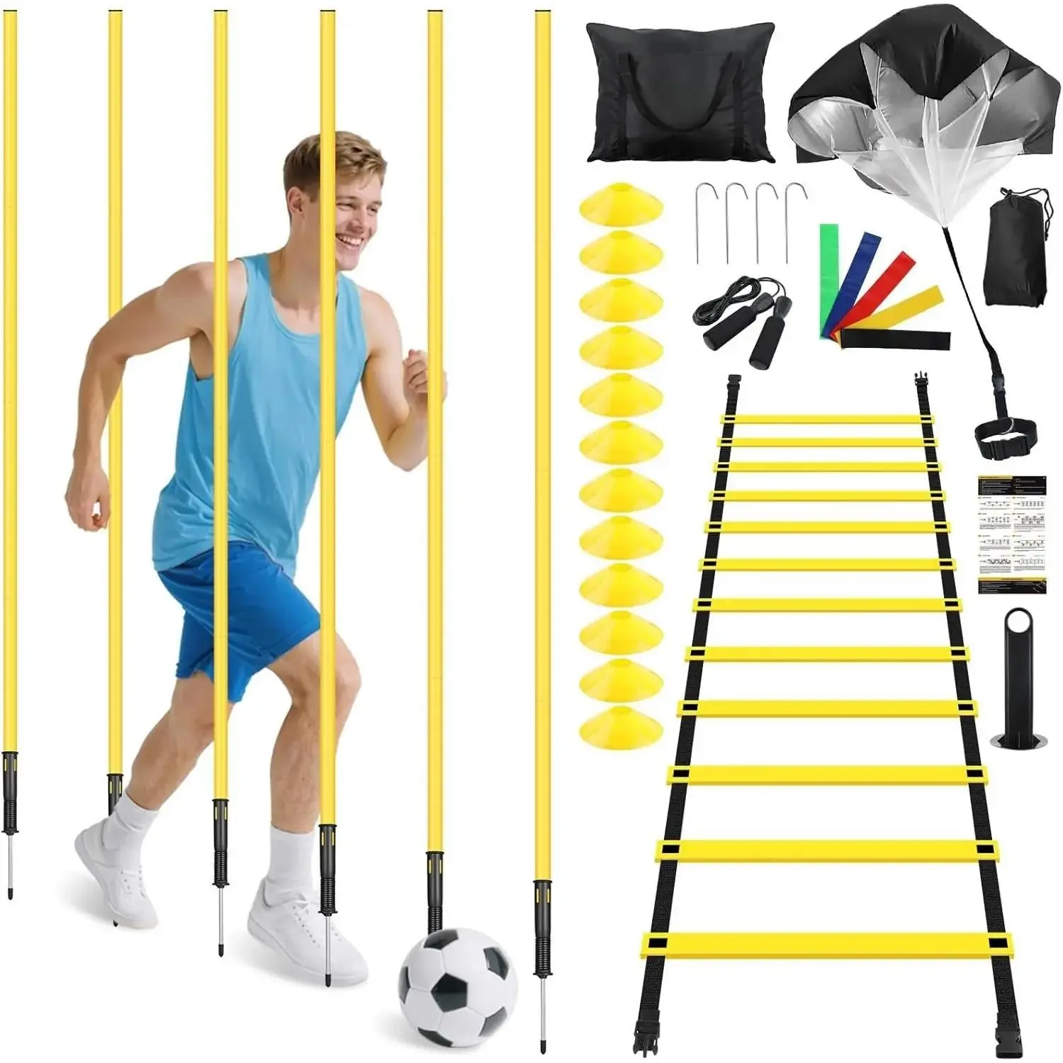 Soccer Agility  Equipment, 6 Agility Poles, 20ft Speed Ladder, 12 Disc Cones, Resistance Parachute, Jump Rope, 5 Resistance Bands, Soccer  Poles for Speed Agility Yifanyou Sports
