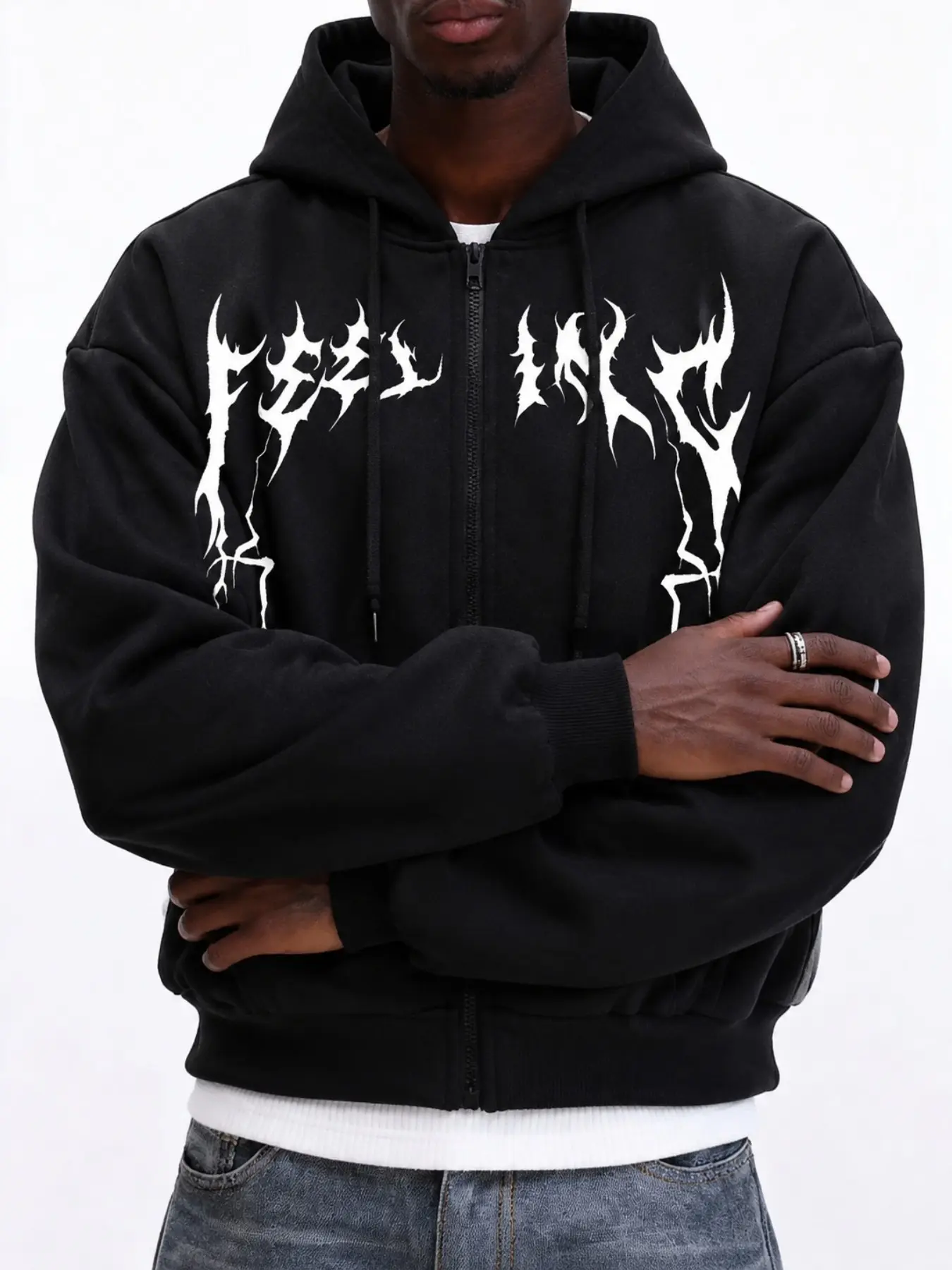 Dark Heavy Metal Zipper Hooded Sweatshirt, Graphic Hoodie, Gothic Letter Print, Short Loose Fit, Pure, Unisex Punk Street Style
