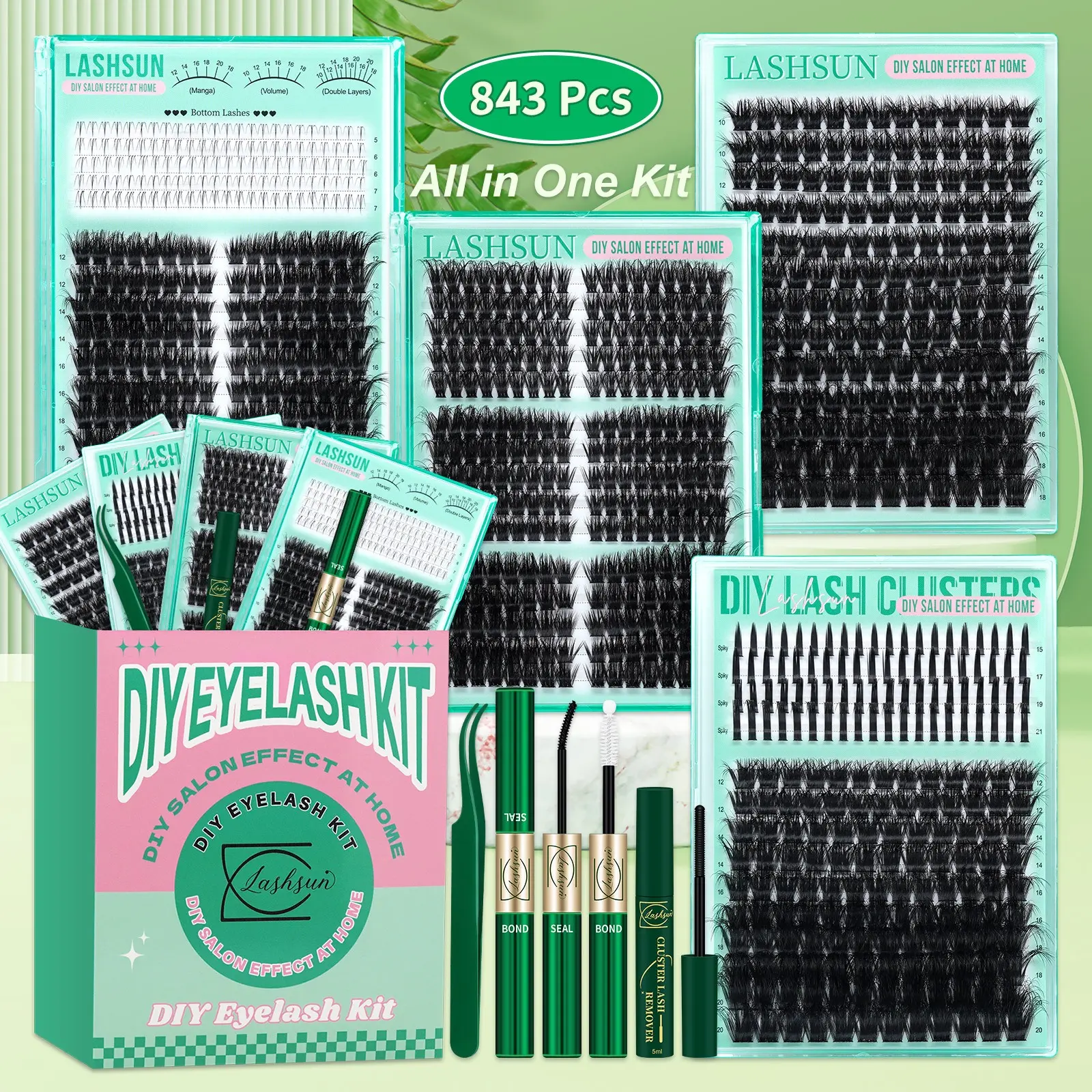 843 Pcs Eyelash Cluster Kit, D Curl Mixed 5-21mm 6 Styles Bottom/Spike/Cat 60D&80D&100D/Volume Lashes, Kit with Bond&Seal Lash Remover Tweezers , DIY at Home Easily, Easy Apply for Makeup Daily, DIY False Eyelashes