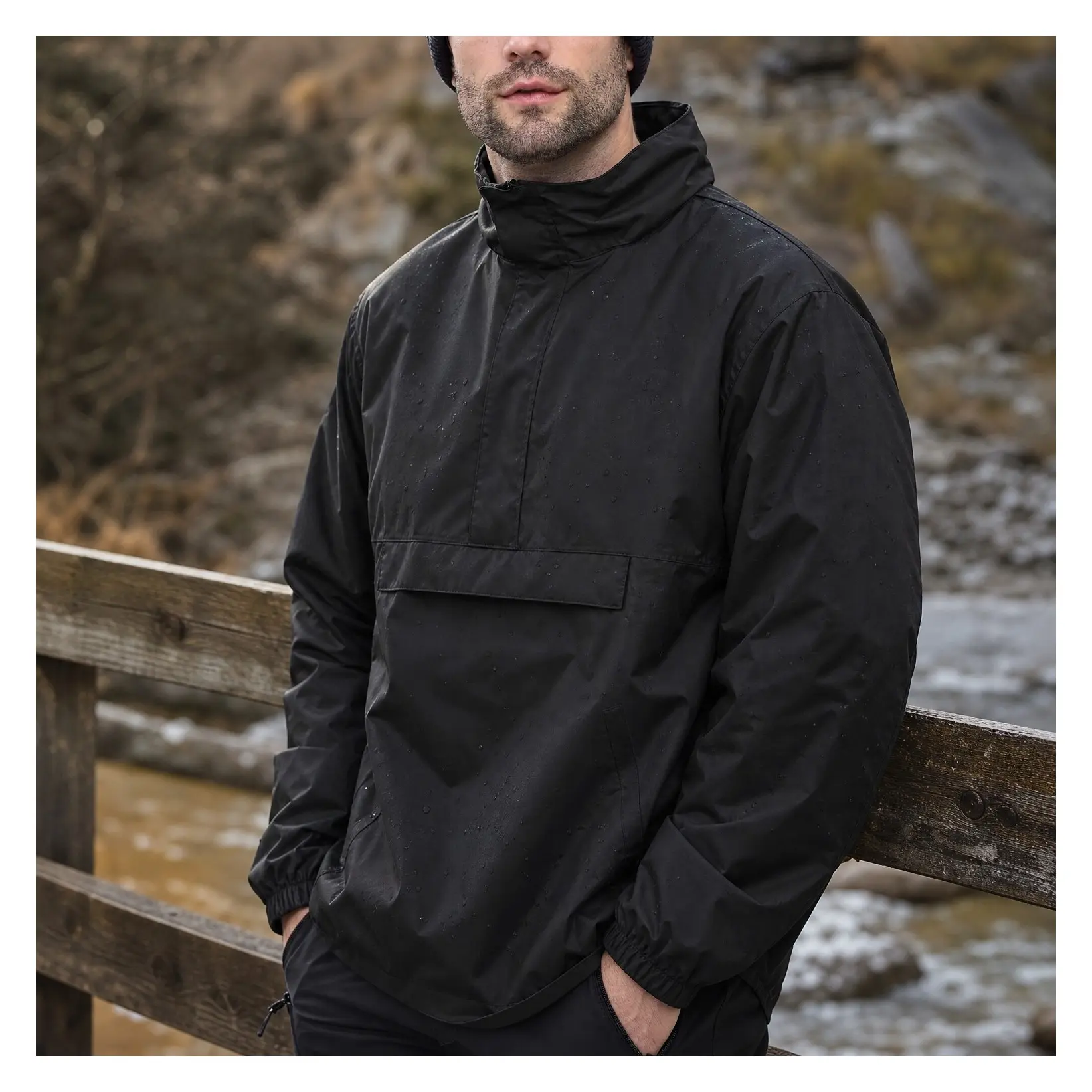 Men's Waterproof Pullover Rain Jacket with Hood - Packable Raincoat, Lightweight Breathable Windbreaker, Fully Taped Seams, Stowaway Hood, 3 Zipper Pockets for Hiking, Golf, TravelGift