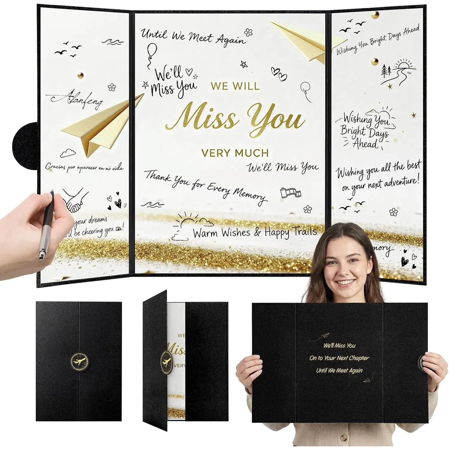 We Will Miss You Guest Book Alternative - Large Foldable Farewell Card with Magnetic Closure & Starlight Film, Jumbo Going Away Gift Signature Board for Coworker Retirement Graduation 16.5x11.6"