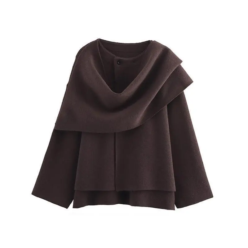 Women's Autumn New Asymmetric Scarf Short Loose Knitted Coat Jacket Knitwear Womenswear Buckle Sea