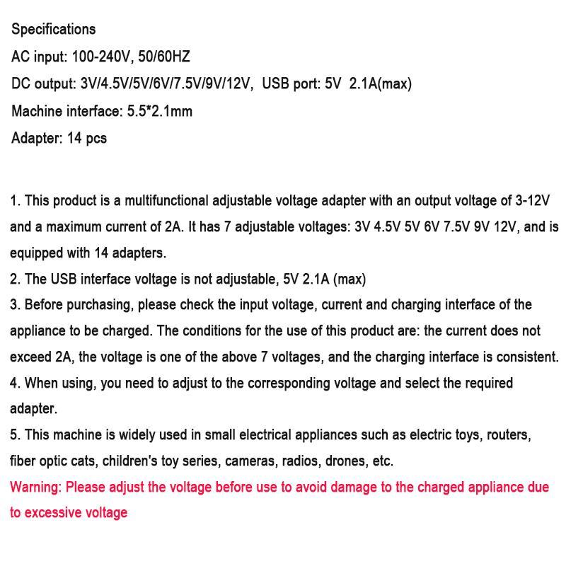 3-12V Adjustable Voltage Power Adapter, Multi-function Power Adapter with 14 Adapters, Suitable for Charging Electric Appliances, USB Port Adapters