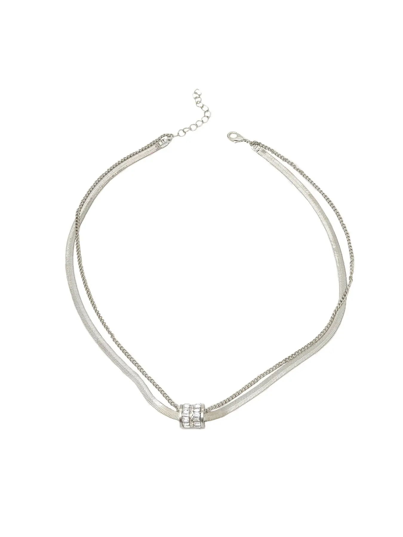 Women Silver Double Strand Herringbone Choker, Small Crystal Cylinder Pendant Stackable Necklace,Light luxury, niche, premium, elegant daily fashion gifts for women