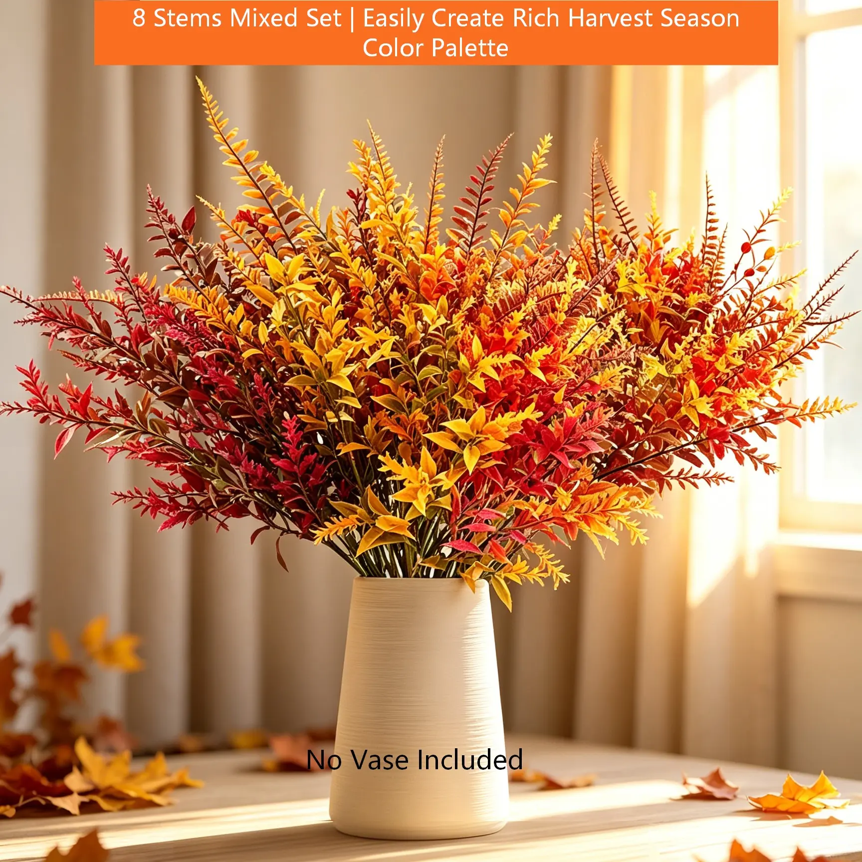 8 Stems Fall Artificial Greenery Mix Pack, Realistic Harvest Fake Foliage Branches No Vase Included, Vibrant Orange Red Autumn Leaves For Any Scenes Farmhouse Table Porch Thanksgiving Home Decor