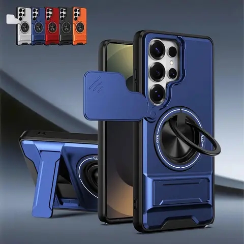 Heavy-Duty Durable Casing for Samsung Galaxy Series S26-S25-S24-S23-S22 Ultra, MagSafe Compatible Phone Accessories, Dustproof, Shockproof, Slide Camera Lens Cover, 360° Rotatable Ring Kickstand, Wireless Charging Support, Foldable Handheld Fit