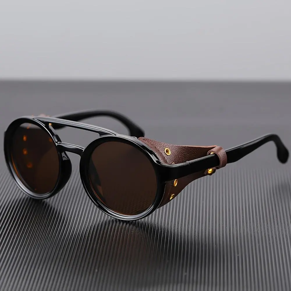 KEITHION Glacier Windproof Mountaineering Steampunk Style Round Vintage Glasses Retro Eyewear for Men Women with Leather Side Goggles Cycling Riding Biking Moto Glasses, Without Battery