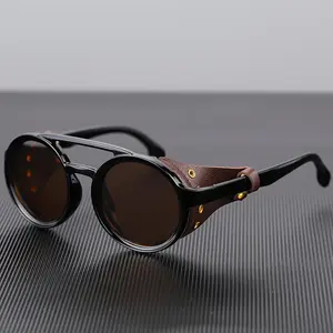 KEITHION Glacier Windproof Mountaineering Steampunk Style Round Vintage Glasses Retro Eyewear for Men Women with Leather Side Goggles Cycling Riding Biking Moto Glasses, Without Battery