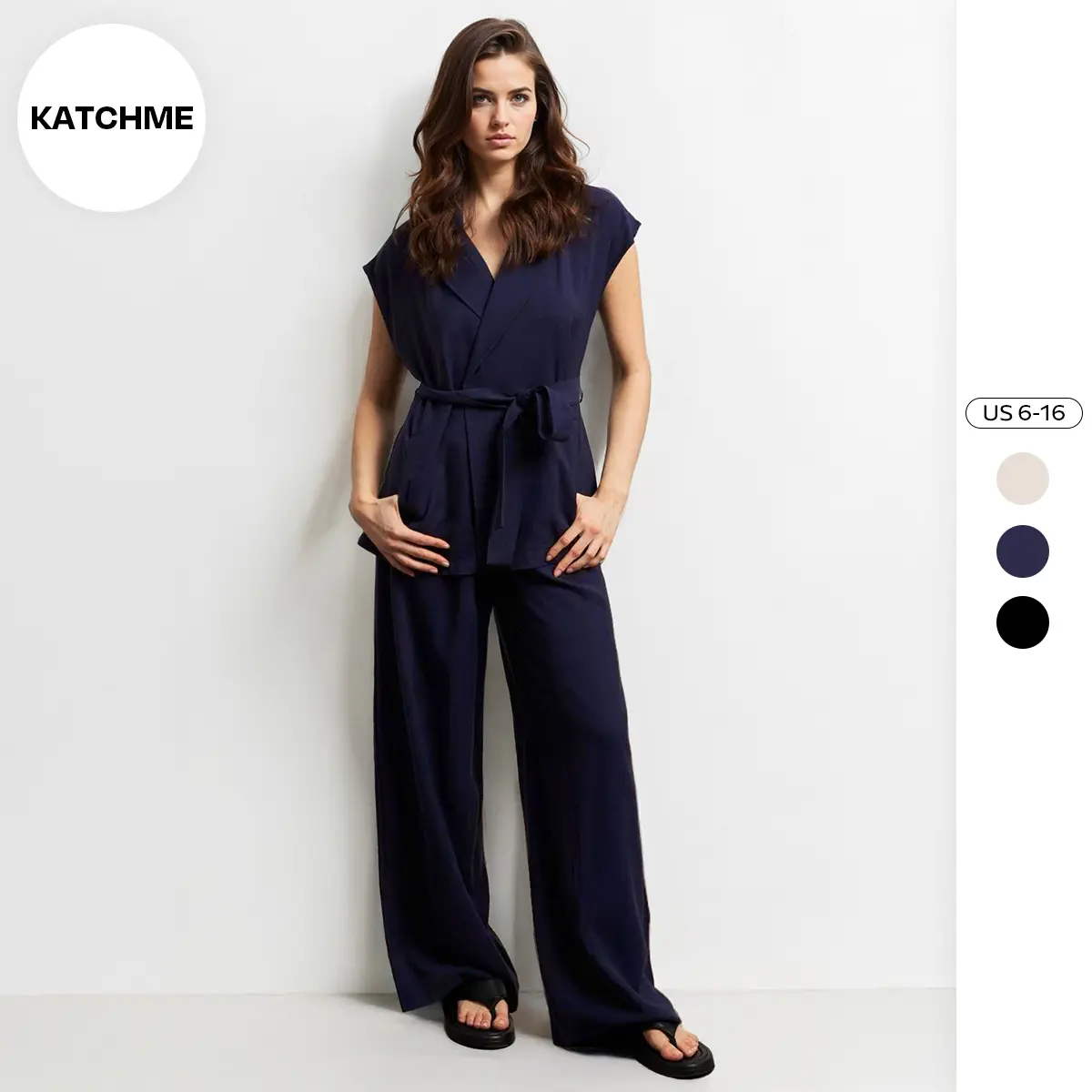 KatchMe Women's Notch Lapel Cap Sleeve Waist Tie Blazer Top & Wide Leg Trousers Co-ord, Minimalist Side Pocket Two Piece Outfits, Summer Sets