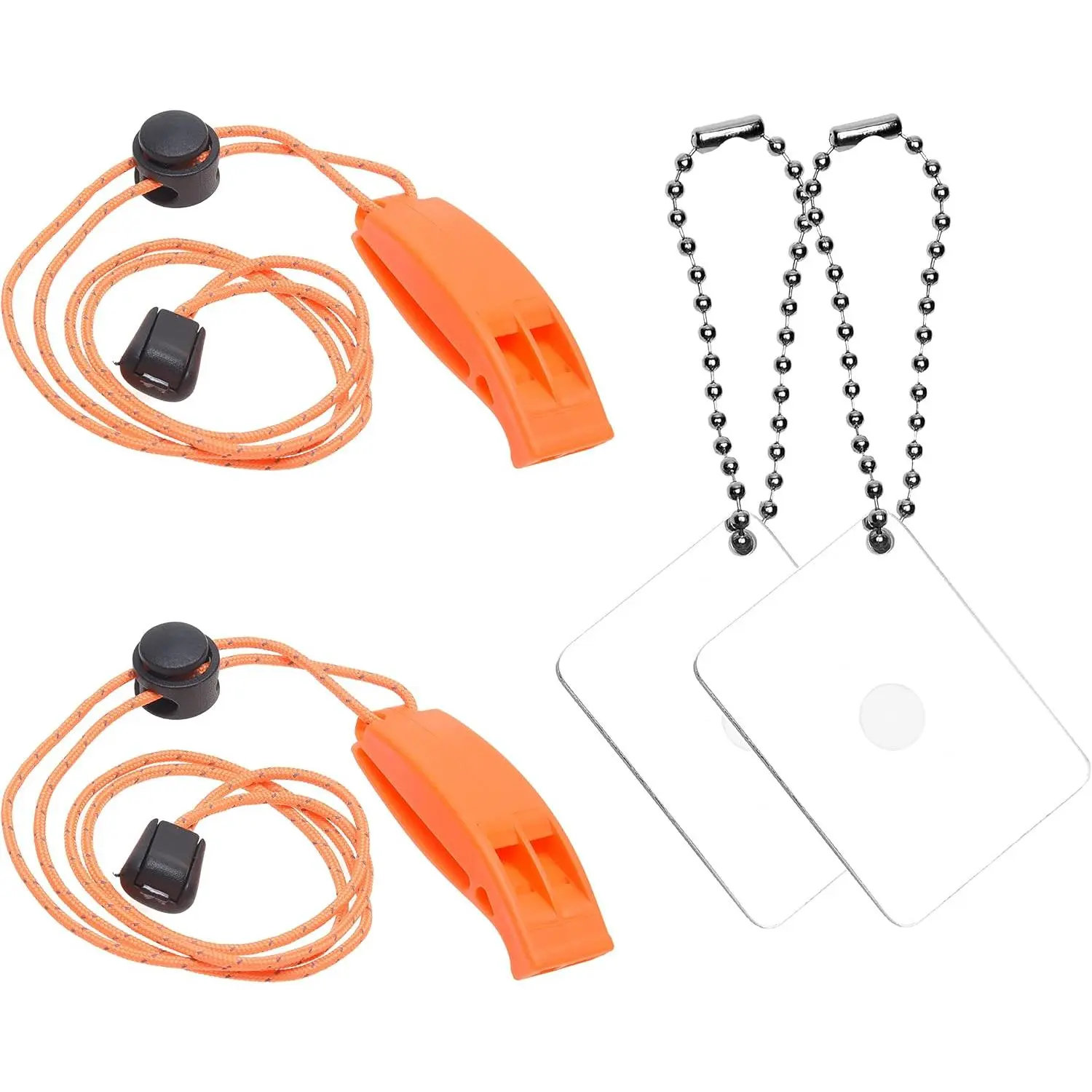 2X  Whistle and 2X Signal Mirror - Outdoor  Kit Rescue Flash Mirror - Clip- Whistle with Lanyard - Backpacking, Camping, Marine Use, Outdoor Activities