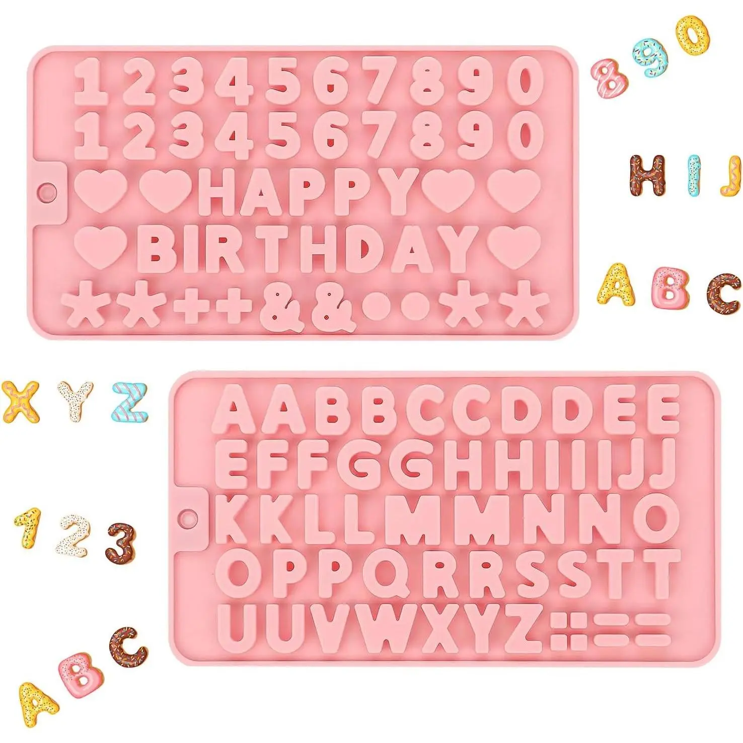 2PCS Silicone Molds for Chocolate,Number Letter Molds,Reusable Candy Molds with Happy Birthday Decorating Symbols,Mini Size Alphabet Decorating for Birthday Cake Lollipop Fondant Chocolate (Pink)