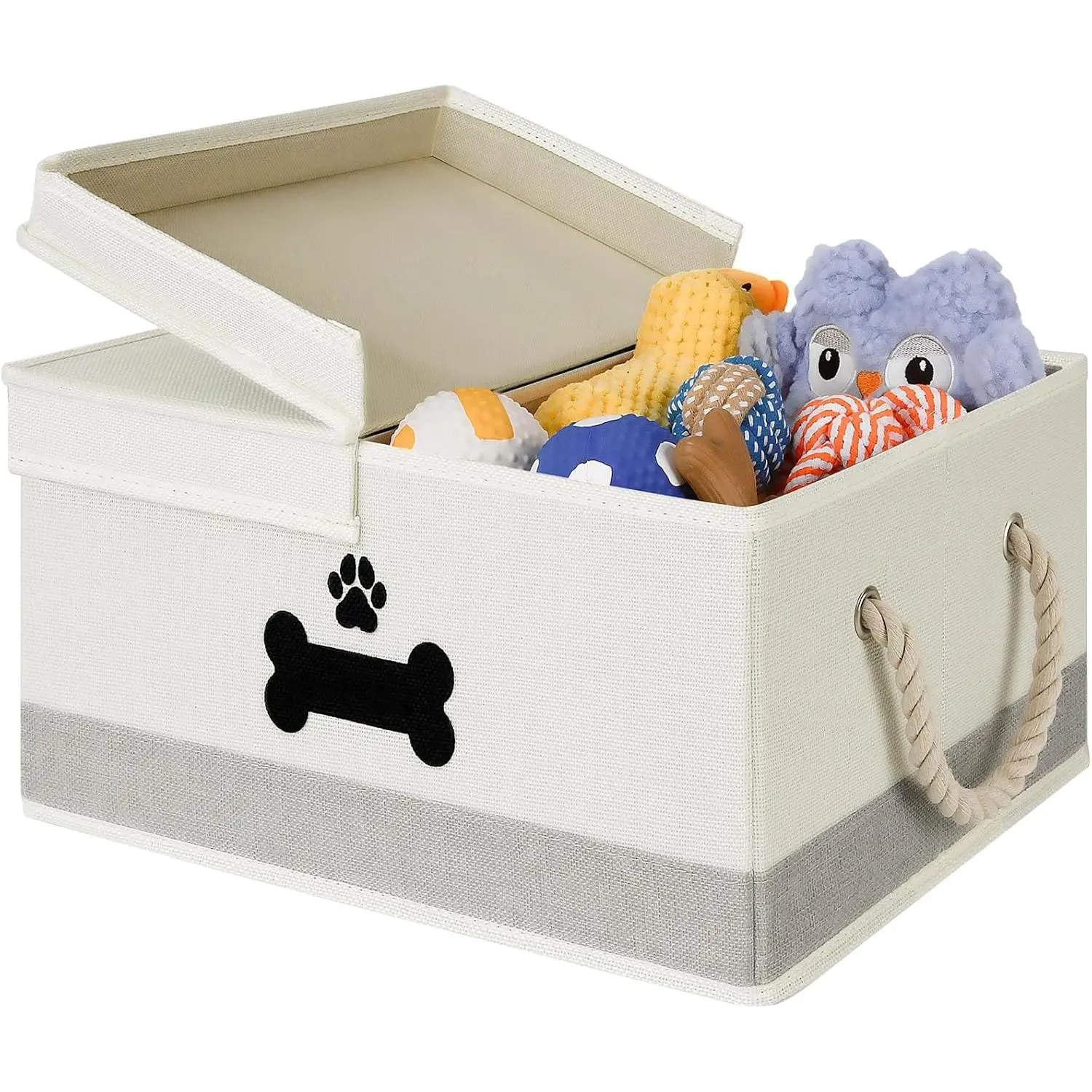 Dog Toy Basket with Double-Open Lid, Divided Dogs Basket for Toys, Collapsible Pet Toys Box, Dog Storage Organizer with 2 Divided Area, Puppy Toy Baskets with Rope Handles, Beige & Gray