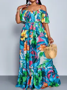 Plus Size Summer Casual Fashion Dress for Women, All over Print Floral Long Dress, Sleeveless Shoulder Strap Design, Perfect for Vacation & Travel