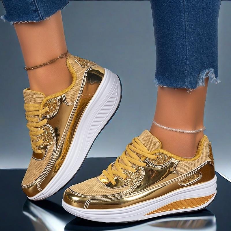 Women's Glittery Golden & Yellow Sneakers - Lightweight, Breathable Mesh Upper, Comfortable EVA Sole for Walking, Running, Yoga & Casual Wear