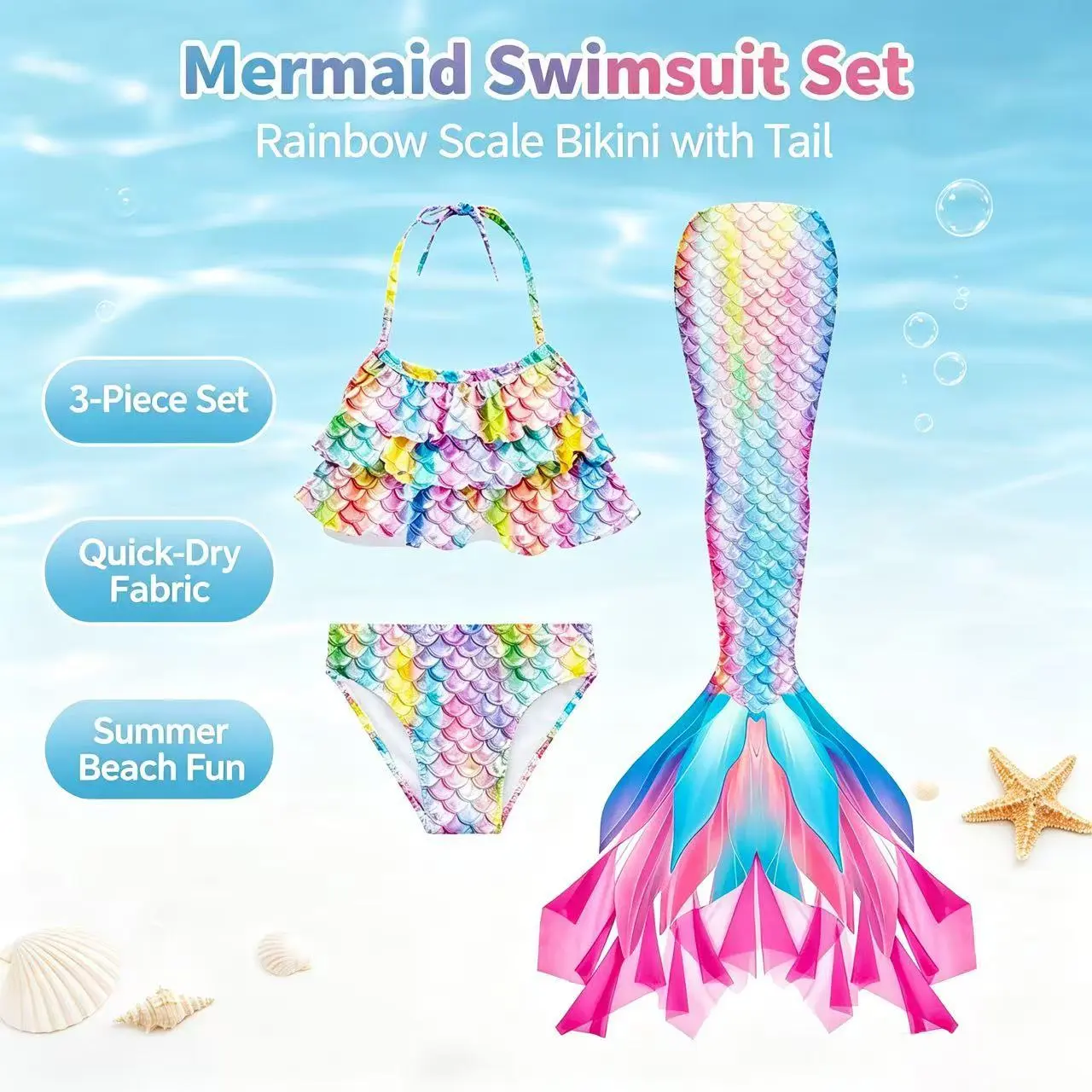 DB Girls' 3-Piece Mermaid Tail Princess Swimsuit Set, Side Zipper Bikini, Polyester Knit, No Fins, Princess Look, Birthday Gift Ideas