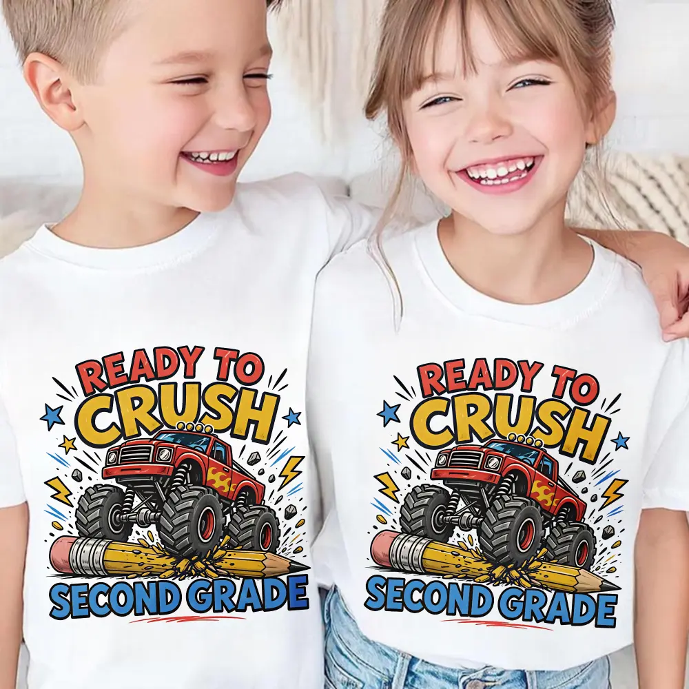 Boys' Monster Truck Back-to-School Short Sleeve T-Shirt - 1st/2nd/3rd/5th Grade, Eco-Friendly Comfortable Breathable Medium Heavy Fabric, Cold/Machine Washable, Seamless Label, Custom-Made Casual Clothes