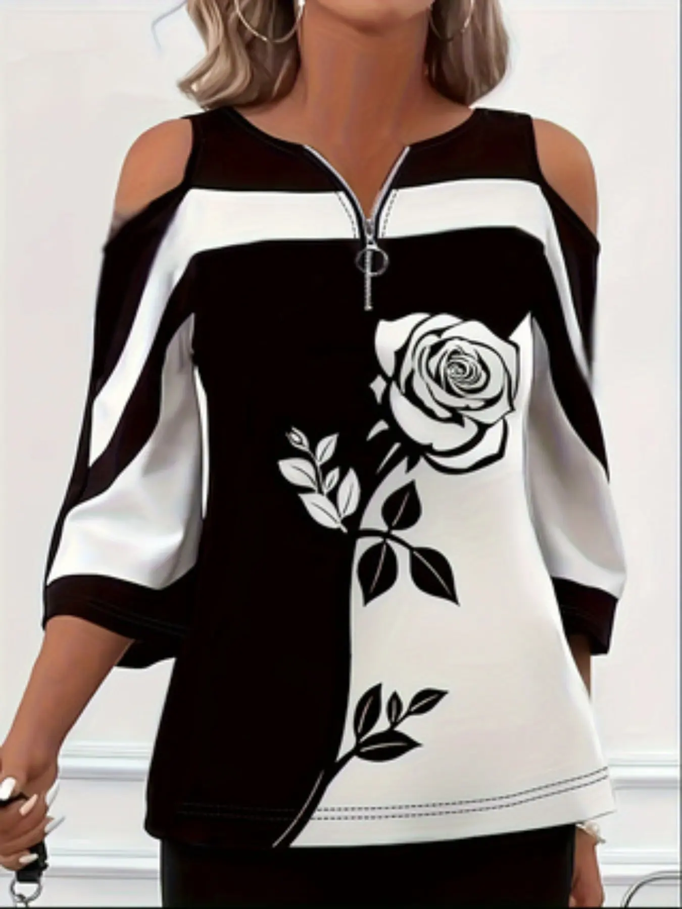 Plus Size Rose Print Off-Shoulder Three-Quarter Sleeve T-Shirt, European Style Half-Zip V Neck, Loose-Fit Casual Elegance Aesthetic Fashion Top