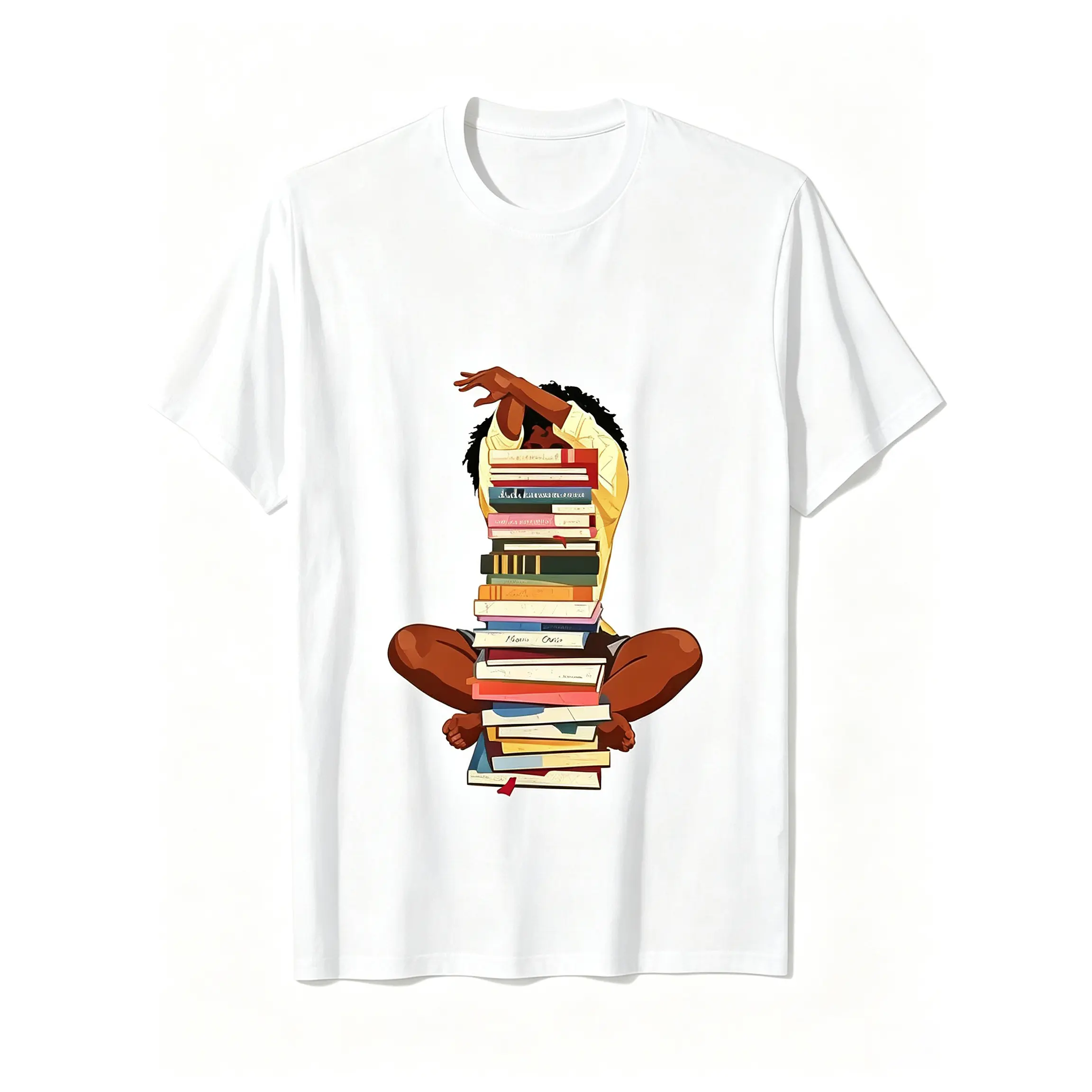 Cotton T-shirt Black Woman And Books Stack Afro Girl Book Lover T-Shirt Cotton Casual Crewneck Sweatshirt Printed Design