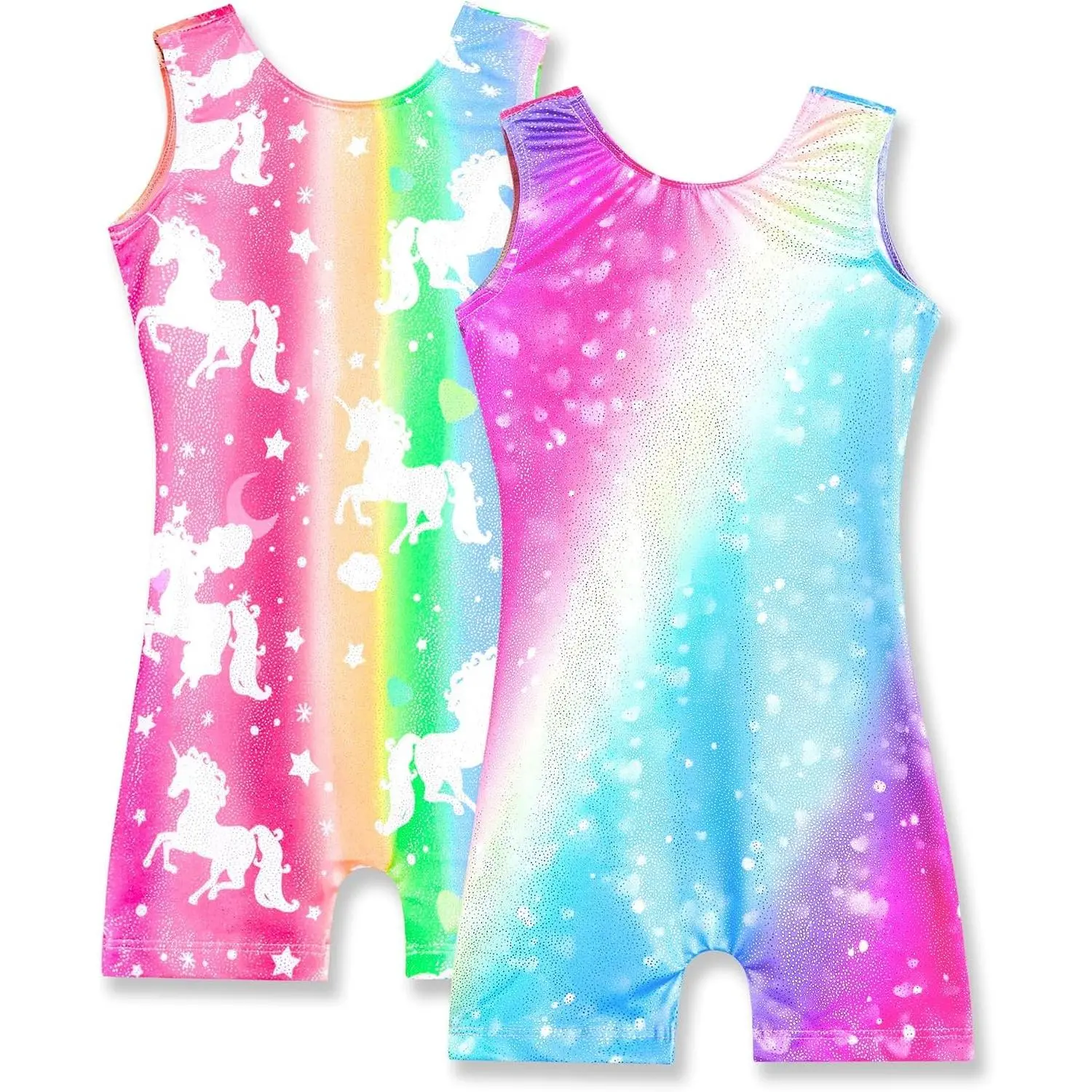 2 Packs Gymnastics Leotard for Girls Sparkle Biketards with Shorts Kids Sleeveless Unitard One-Piece Dancewear
