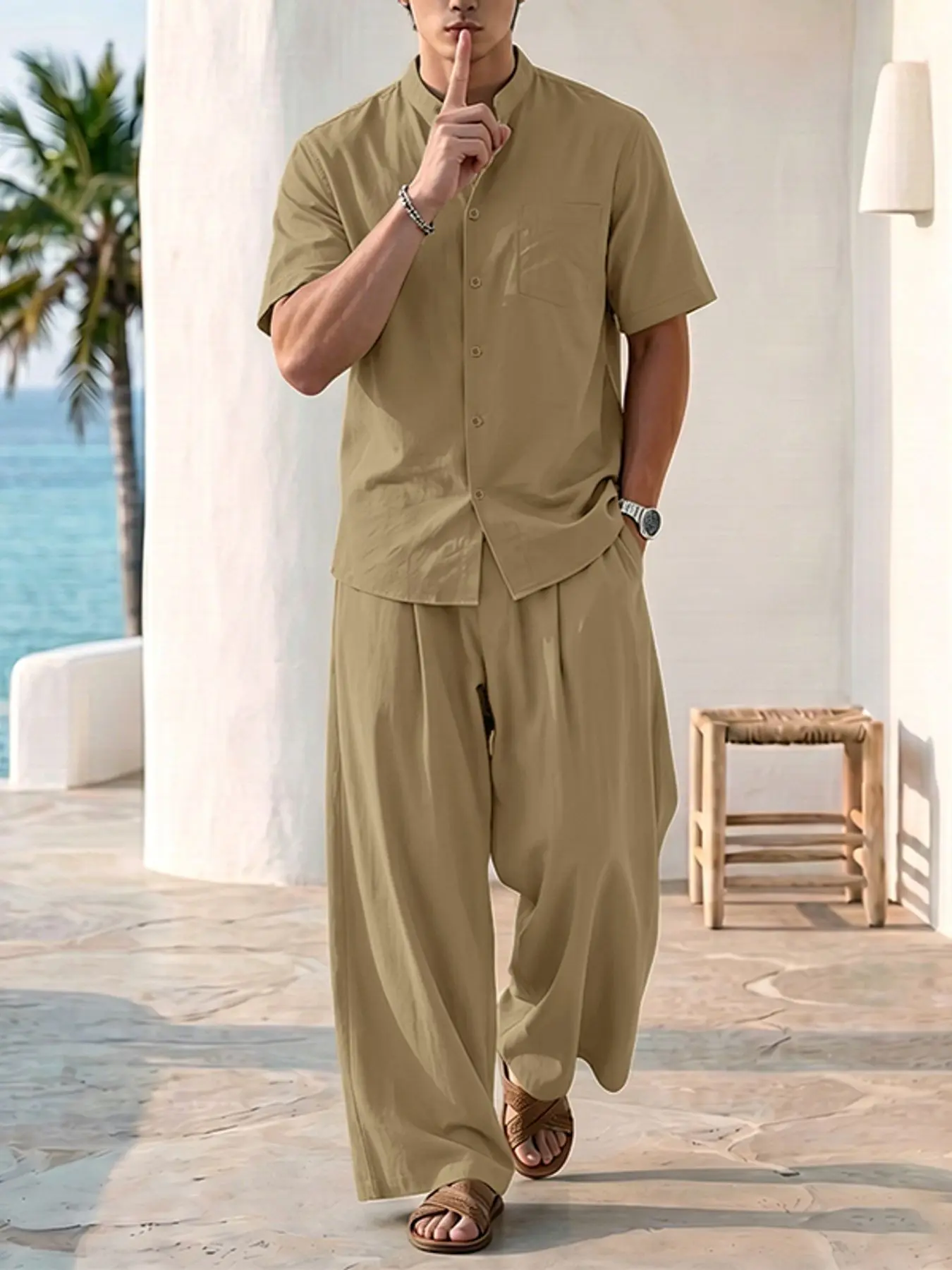INCERUN Men's Fashion Solid Color Short Sleeve Two-Piece Set, Casual Shirt and Pants, Perfect for Daily Wear, Comfortable and Stylish