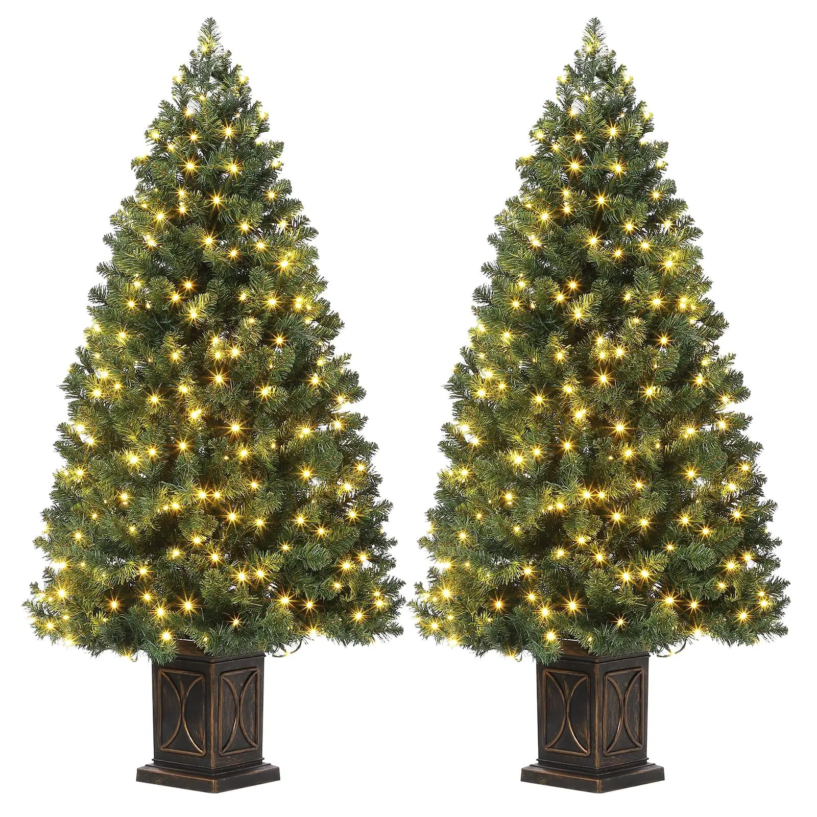 Garvee Pre-Lit Snow-Flocked Artificial Christmas Tree, 4.5ft Potted Arctic Fir (2-Pack) - 286 PE/PVC Suggestions, Red Berries - 200 Warm White LEDs, 8 Modes - Snowman Base