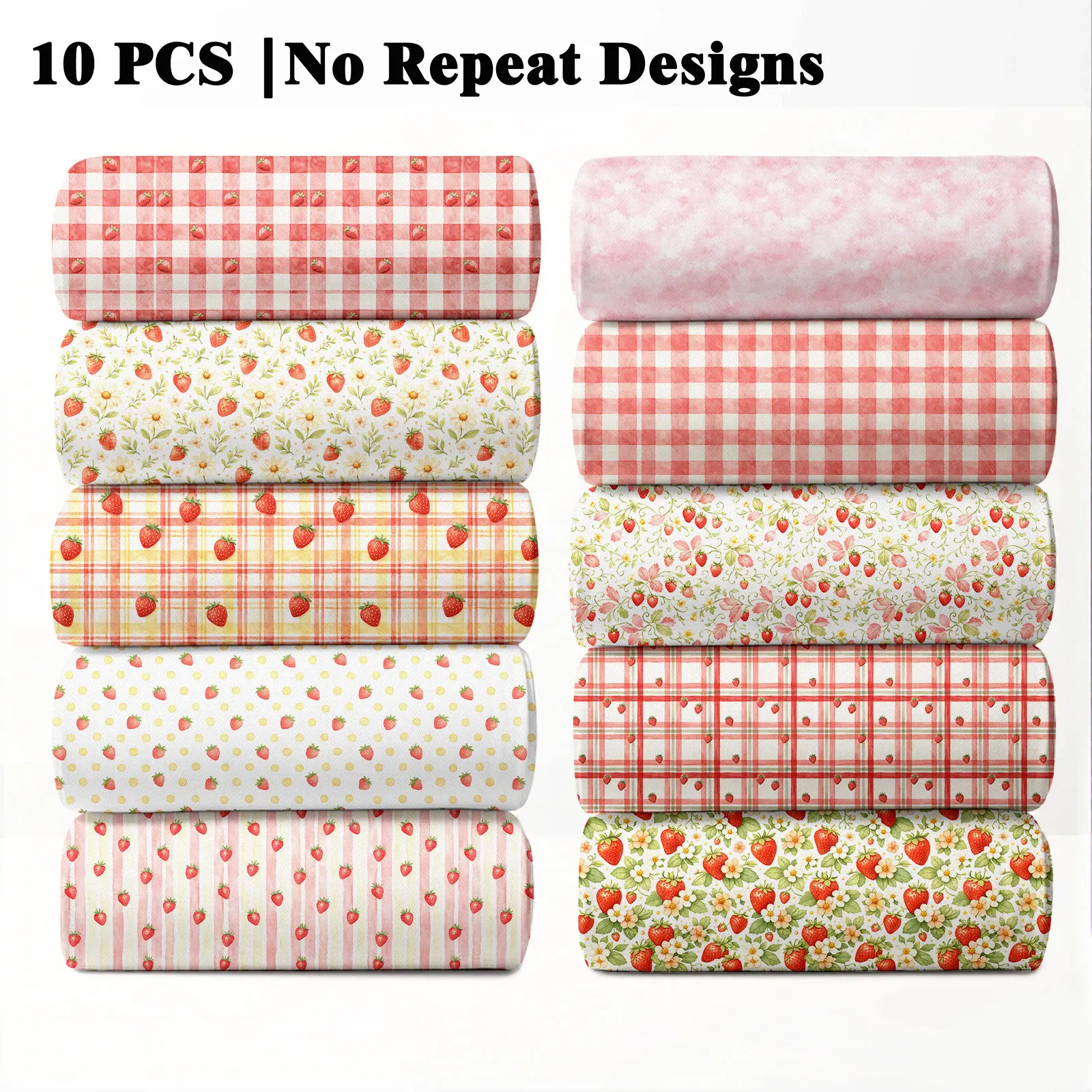 10PCS Strawberry Print Fabric, 23x55cm (9x22in) Classic Sweet Fruit Pattern Quilting Home Decor Decorative Fabrics DIY Textiles