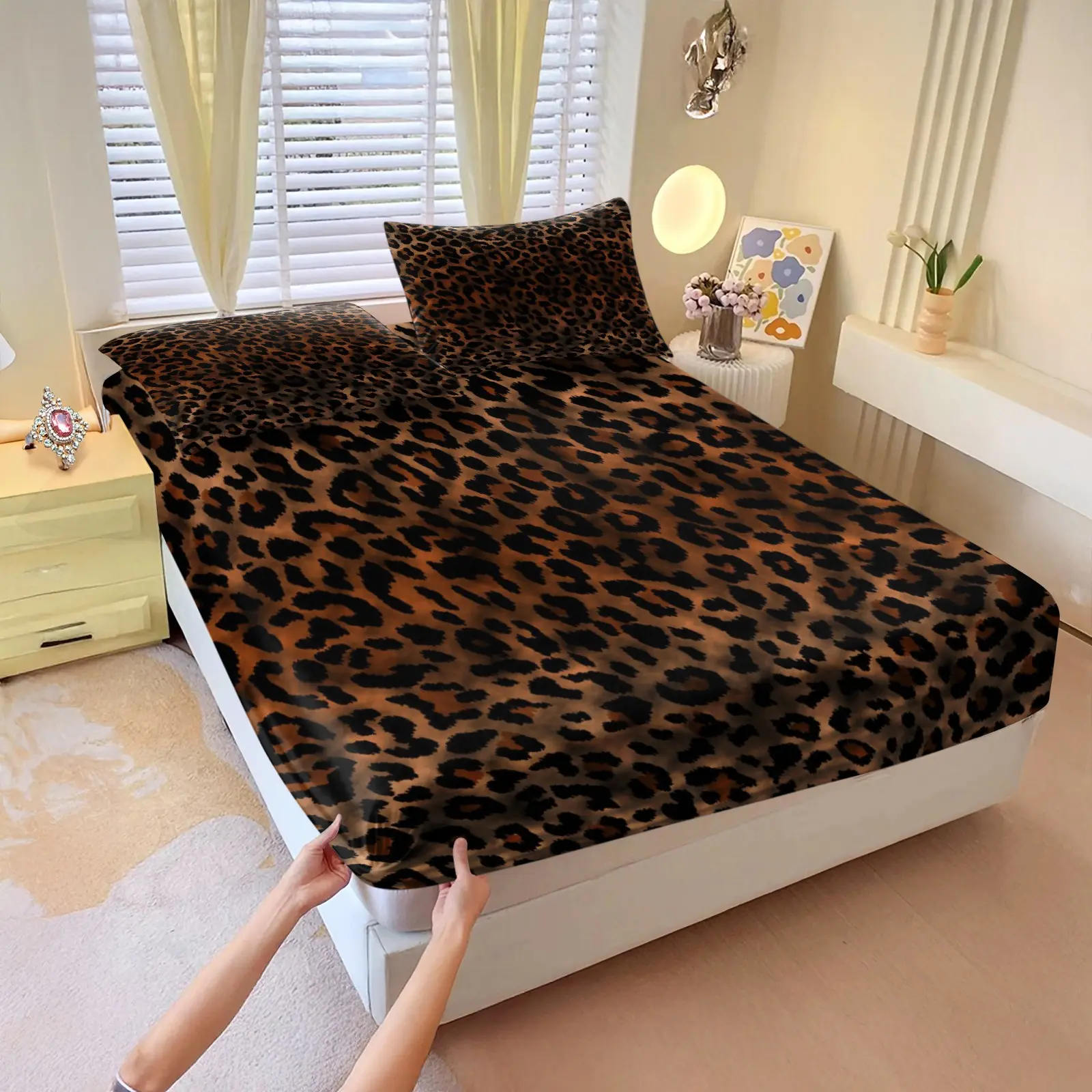 3Pcs Brown Leopard Print Fitted Sheet Set, Black Brown Wild Spots, Soft Breathable Microfiber, 360° Elastic Deep Pocket, 1 Fitted Sheet & 2 Pillowcases, for Adults Teens Bedroom Dorm Decor, Trendy Animal Print Bedding Gift, Bed Sheets