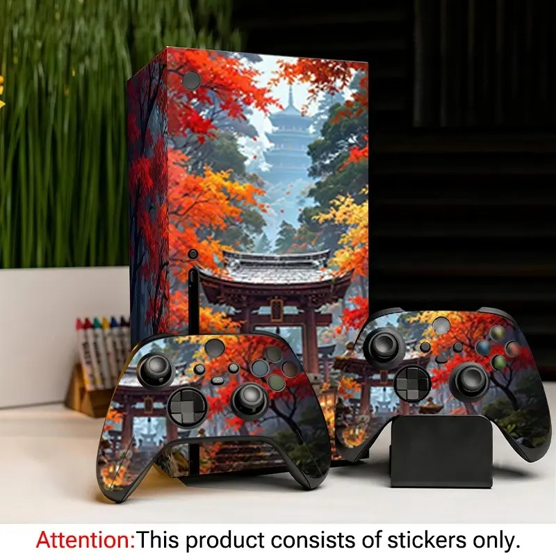 Xbox Series X Sticker Set, Original Autumn Maple Leaf Temple Tower Design, Waterproof Vinyl, Host & Controller Stickers, Game Console Protection, Aesthetic Stickers