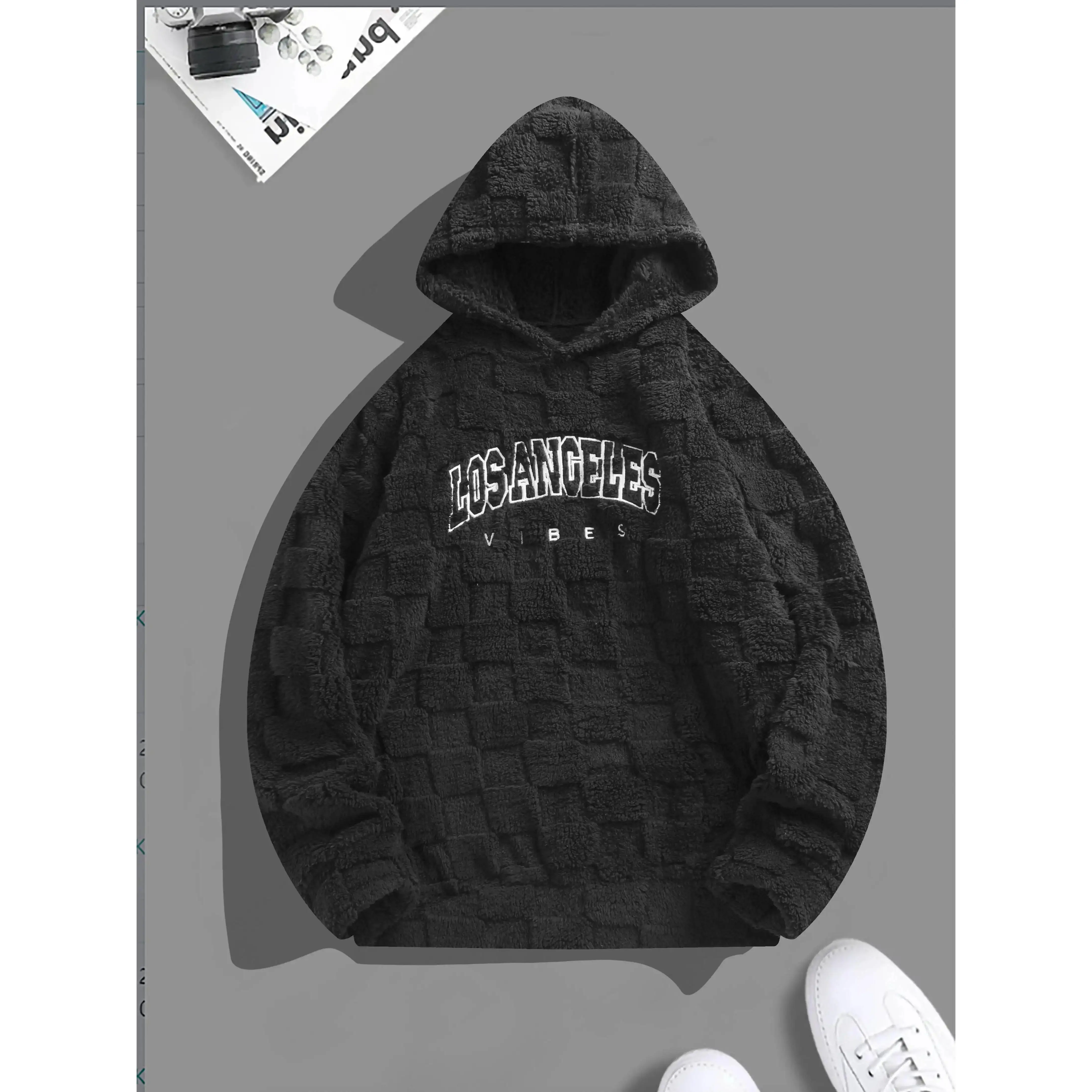 Men's Embroidered Fleece Hoodie, Loose-Fit Streetwear Pullover Sweatshirt, Soft Baggy Stretch Fabric with Thermal Warmth
