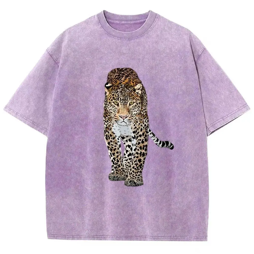 Men's Pure Cotton Oversized Streetwear Short-Sleeve T-Shirt - Round Neck, Vintage Wash, Realistic Strolling Cheetah Graphic, Casual Medium-Length Party Top, All-Seasons Menswear
