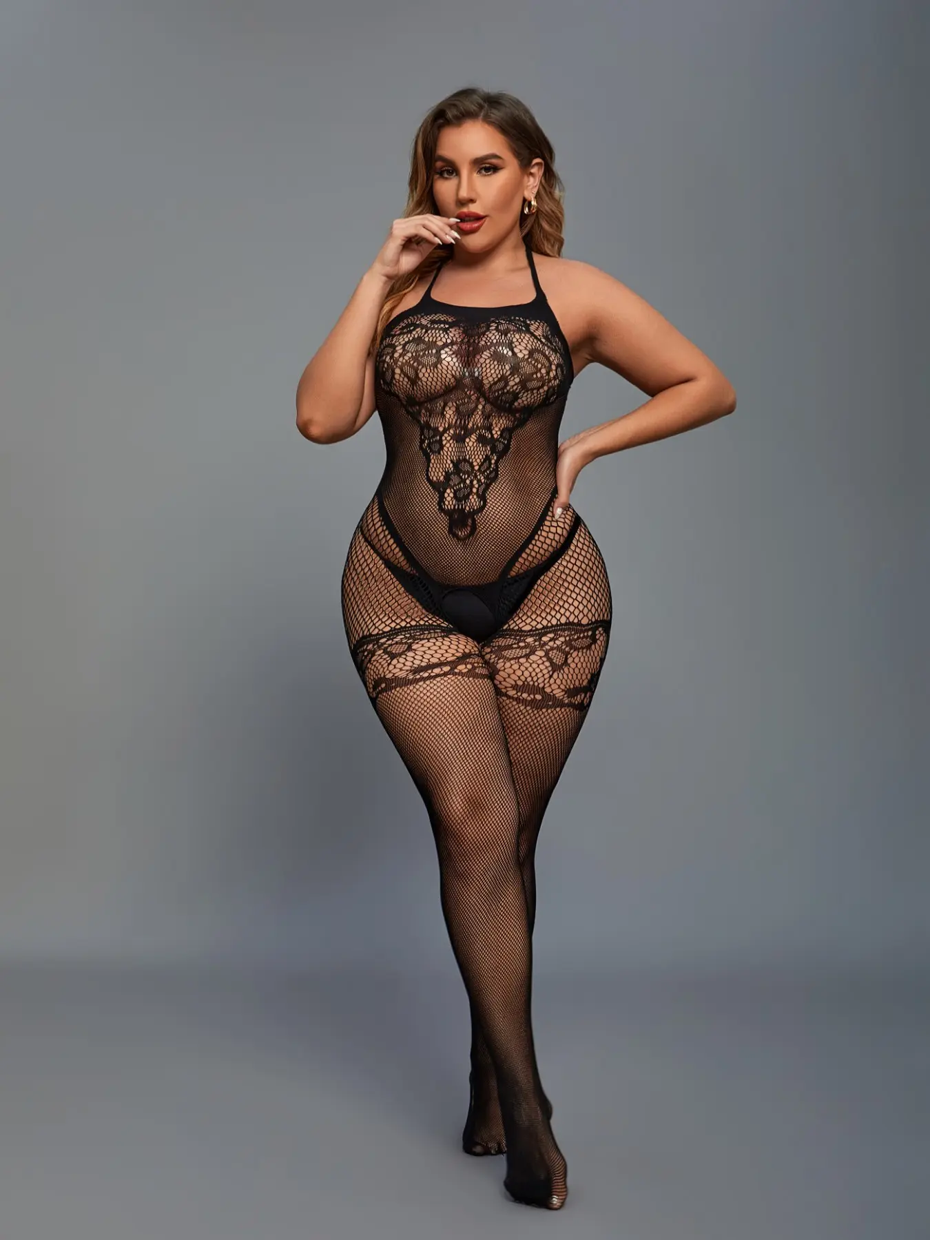 Mesh Lingerie Halter Neck One-Piece, Plus Size Transparent Lace Edge Fishnet Bodysuit, Sensual Underwear for Women, Hollow Out Bodysuit
