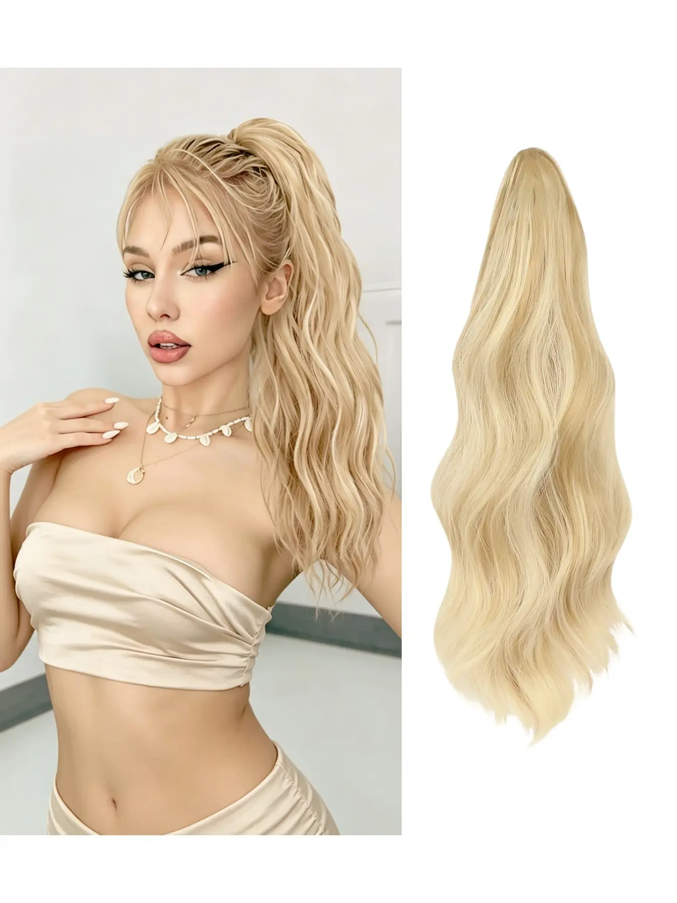 20 inch wavy claw clip ponytail, synthetic fiber high-temperature resistant wavy ponytail, natural soft grip clip ponytail, suitable for women's daily occasions as an instant curly hair accessory