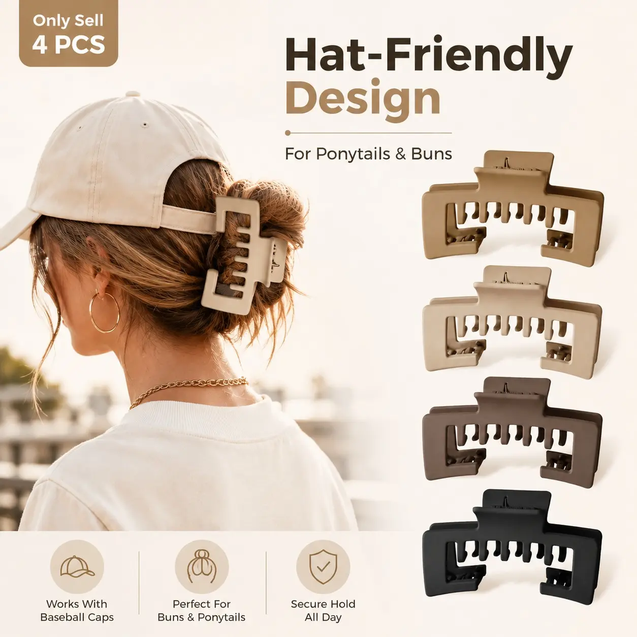 4 PCS Hat-Friendly Flat Claw Clips for Baseball Caps - Large Square Non-Slip Hair Clips for Styling - Hat Compatible Hair Fixing for Thick And Fine Hair - Women Hat Hairstyles Daily Wear And Travel
