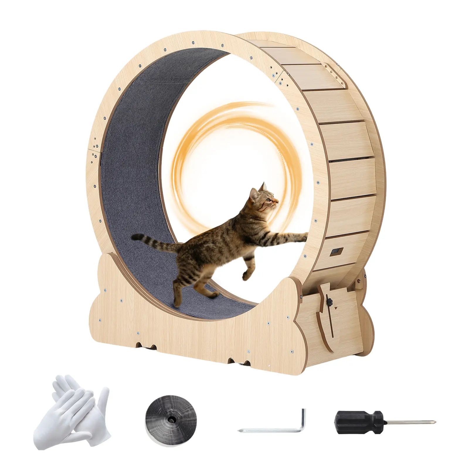 Indoor Cat Exercise Wheel, 39.4 Inch Quiet Rolling Cat Treadmill Wheel with Safety Lock Mechanism &amp; Detachable Non-Slip Carpet Runway, Sturdy Pet Running Wheel for Cat Daily Exercise, Weight Loss and Health Care Home Use