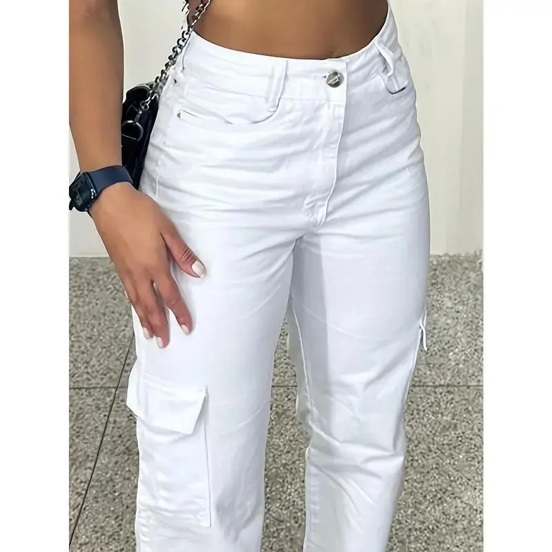 White Cargo Pants with 3D Pockets Trendy Versatile Womenswear Bottom