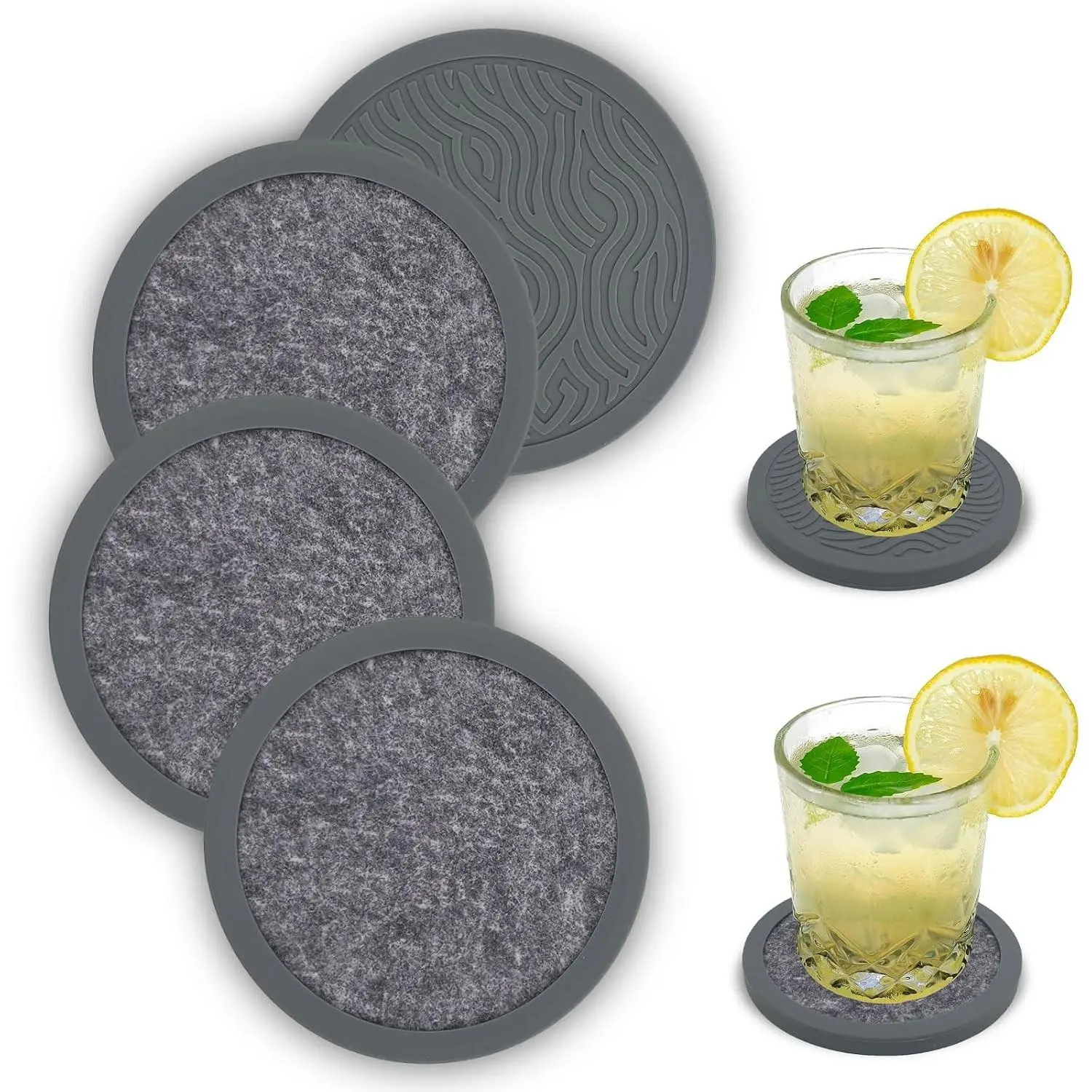 4-Piece Non-Slip Silicone Coasters, Double-Sided Absorbent Tableware Cup Mats, Hot & Cold Drink Use, Scratch & Water Ring Protection for Wood Tables, Home Office Use (Grey)