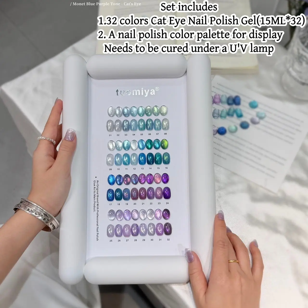 32 Color Monet Blue Cat Eye Nail Polish Set, Rich Colors, Fine Gel Texture, Includes Color Palette, Perfect Gift for Manicure Shops, Gel Polish Kit