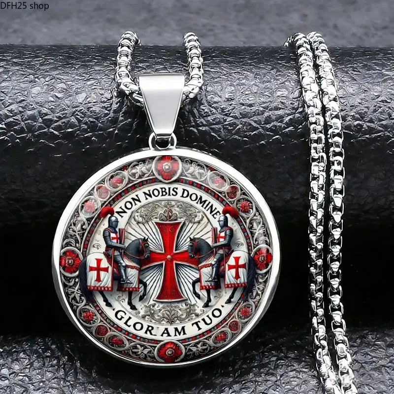 Templar Knight Cross Pendant Necklace for Men, Stainless Steel Round Medallion with Medieval Crusader Shield and Red Cross Artwork, Vintage Gothic Christian Jewelry, Rust Resistant Necklace for Daily Wear