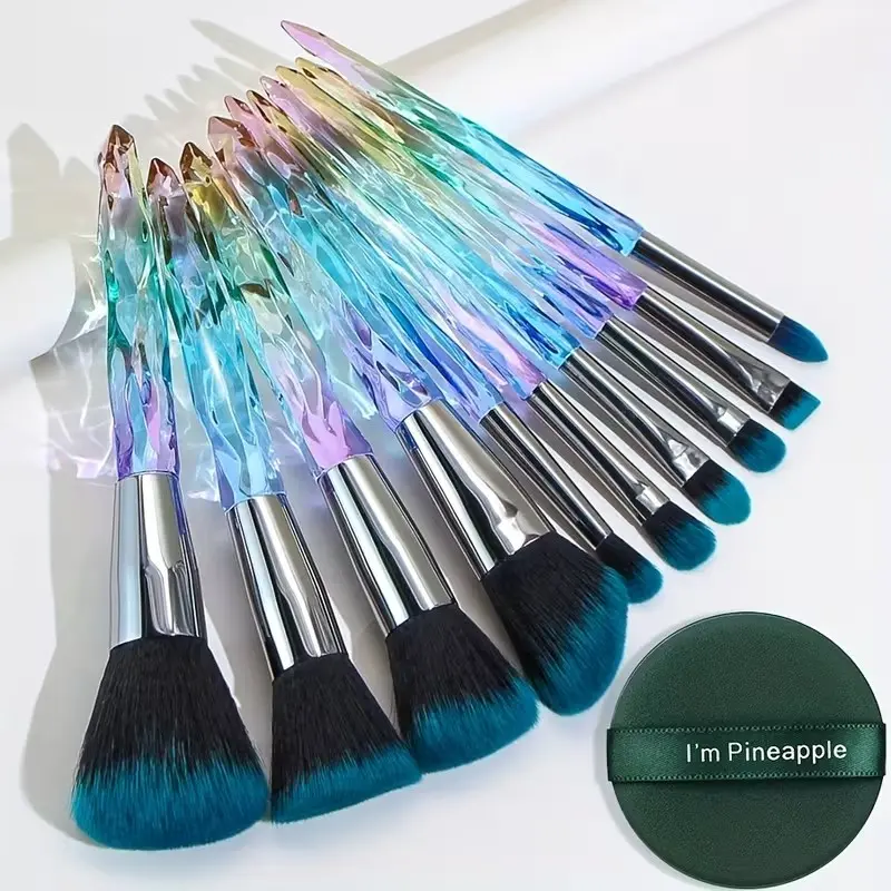 10 Transparent Ice Cone Gradient Blue Makeup Brushes Set, Includes Puff, Foundation Brush, Powder Brush, Eyeshadow Brush, Mother's Day Gift
