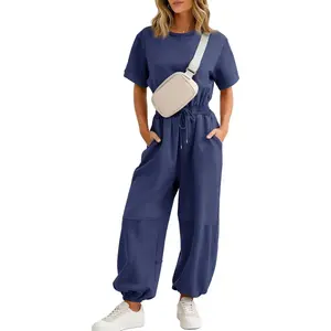One Piece Jumpsuits for Women Crewneck Short Sleeve Casual Wide Leg Long Pants Drawstring Rompers Outfits with Pockets